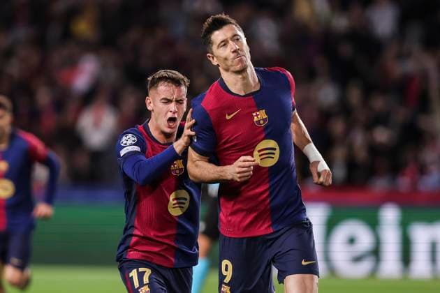 November 26, 2024, Barcelona, Barcelona, SPAIN: Robert Lewandowski of FC Barcelona, Barca celebrates a goal during the UEFA Champions League 2024 25 League Phase MD5, match between FC Barcelona and Stade Brestois 29 at Estadi Olimpic Lluis Companys on November 26, 2024 in Barcelona, Spain. Barcelona SPAIN - ZUMAa181 20241126_zaa_a181_024 Copyright: xJavierxBorregox