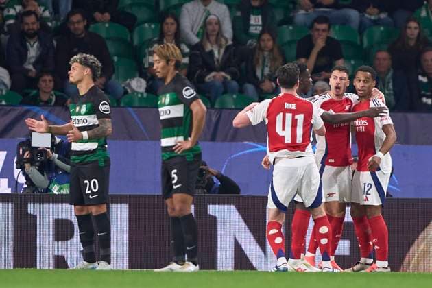 Sporting Clube de Portugal v Arsenal FC - UEFA Champions League 2024 25 League Phase MD5 Gabriel Martinelli of Arsenal FC celebrates with his teammates after scoring his team s first goal during the UEFA Champions League match between Sporting CP and Arsenal FC at Jose Alvalade Stadium in Lisbon, Portugal, on November 26, 2024. Lisbon, Portugal Lisbon Portugal  Copyright: xJosexManuelxAlvarezxReyx originalFilename:alvarezrey-notitle241126_npwVk.jpg