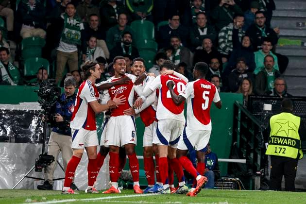 Gabriel Magalhaes defender of Arsenal FC celebrates after scoring a goal during the UEFA Champions League 2024 25 League Phase MD4 match between Sporting Clube de Portugal and Arsenal FC at Estadio Jose Alvalade on November 26, 2024 in Lisbon, Portugal. UEFA Champions League - Sporting CP vs Arsenal FC (Valter Gouveia SPP) Copyright: xValterxGouveia SPPx spp-en-VaGo-VG_L0302
