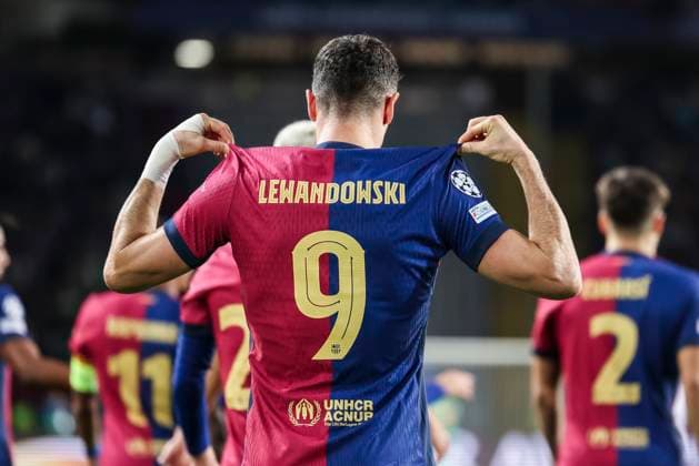 November 26, 2024, Barcelona, Barcelona, SPAIN: Robert Lewandowski of FC Barcelona, Barca celebrates a goal during the UEFA Champions League 2024 25 League Phase MD5, match between FC Barcelona and Stade Brestois 29 at Estadi Olimpic Lluis Companys on November 26, 2024 in Barcelona, Spain. Barcelona SPAIN - ZUMAa181 20241126_zaa_a181_025 Copyright: xJavierxBorregox
