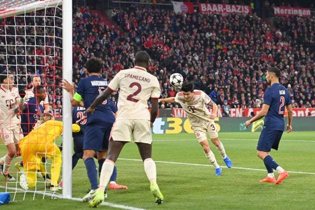 Goal Minjae KIM FC Bayern Muenchen by head to 1 0,header,action,penalty area scene football Champions League league phase, FC Bayern Muenchen Paris Saint German PSG on 26 11 2024, A L L I A N Z A R E N A