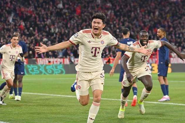 Goal celebration Minjae KIM FC Bayern Muenchen after goal to 1 0,cheering,joy,enthusiasm,,action,re Dayot UPAMECANO Bayern Muenchen football Champions League league phase, FC Bayern Muenchen Paris Saint German PSG on 26 11 2024, A L L I A N Z A R E N A
