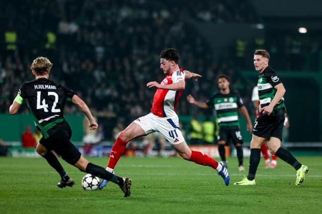 Declan Rice midfielder of Arsenal FC during the UEFA Champions League 2024 25 League Phase MD4 match between Sporting Clube de Portugal and Arsenal FC at Estadio Jose Alvalade on November 26, 2024 in Lisbon, Portugal. UEFA Champions League - Sporting CP vs Arsenal FC (Valter Gouveia SPP) Copyright: xValterxGouveia SPPx spp-en-VaGo-VG_L0120