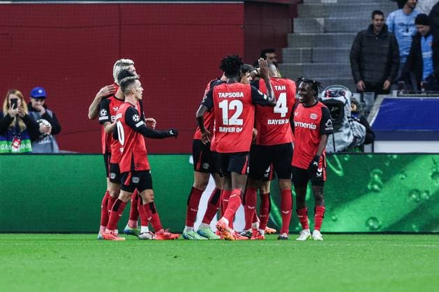 Sport, Football, UEFA Champions League Season 2024 2025 League Phase 5 Matchday Bayer 04 Leverkusen FC Salzburg 26 11 2024, BayArena Goal celebration Bayer 04 Leverkusen after the goal to 3 0 by Florian Wirtz Bayer 04 Leverkusen, 10 the players are happy Leverkusen BayArena Nordrhein Westfahlen Germany