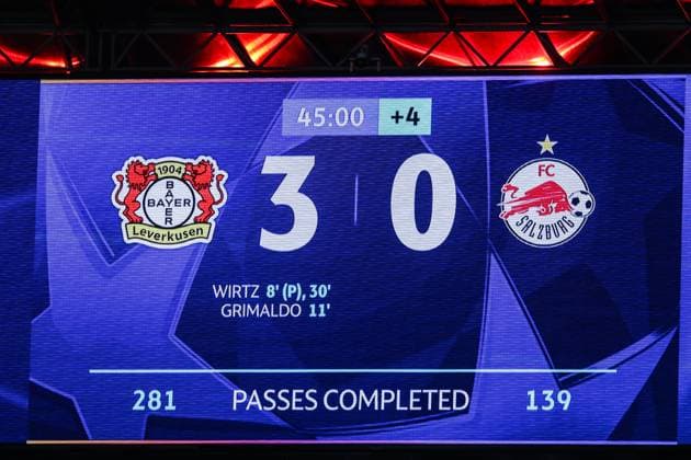 Sport, Football, UEFA Champions League Season 2024 2025 League Phase 5 Matchday Bayer 04 Leverkusen FC Salzburg 26 11 2024, BayArena Scoreboard with the half-time result, Bayer 04 Leverkusen 3, FC Salzburg 0 Leverkusen BayArena Nordrhein Westfahlen Germany