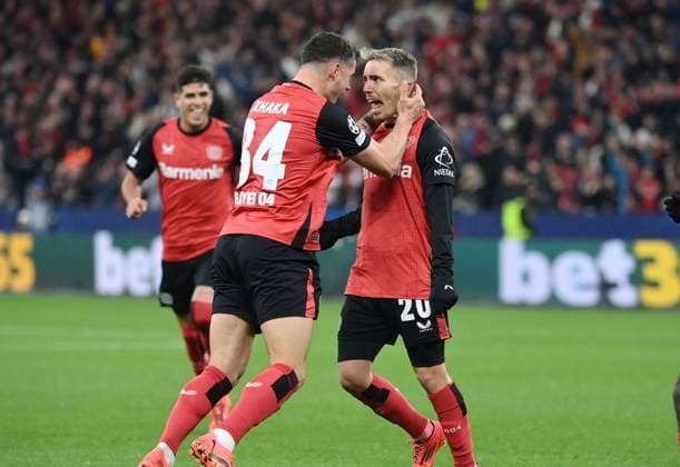 Jubel 2 0 Granit Xhaka Bayer 04 Leverkusen , Alejandro Grimaldo Bayer 04 Leverkusen , v li 26 11 2024, Football UEFA Champions League 2024 25, 5 Matchday Bayer 04 Leverkusen RB Salzburg Leverkusen BayArena Nordrhein Westfalen Germany Team2