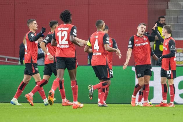 26 11 2024, Football UEFA Champions League, Season 2024 2025, Matchday 05, Bayer 04 Leverkusen FC Salzburg at the BayArena in Leverkusen The Leverkusen players celebrate the goal for 3 0 by Florian Wirtz Bayer 04 Leverkusen, 10 Photo Kirchner Media TH Copyright: xKirchner-Media THx
