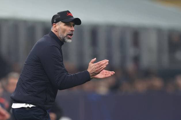 Milan, Italy, 26th November 2024. Marco Rose Head Coach of RB Leipzig reacts during the UEFA Champions League match at Stadio Giuseppe Meazza, Milan. Picture credit should read: Jonathan Moscrop Sportimage EDITORIAL USE ONLY. No use with unauthorised audio, video, data, fixture lists, club league logos or live services. Online in-match use limited to 120 images, no video emulation. No use in betting, games or single club league player publications. SPI-3475-0012