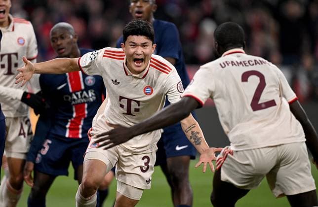 FOOTBALL CHAMPIONS LEAGUE SEASON 2024 2025 Preliminary Round 5 Matchday FC Bayern Muenchen Paris Saint Germain 26 11 2024 FC Bayern Muenchen cheering after the 1-0 goal by goal scorer Min Jae Kim with Dayot Upamecano
