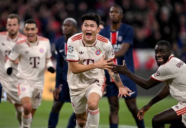 FOOTBALL CHAMPIONS LEAGUE SEASON 2024 2025 Preliminary Round 5 Matchday FC Bayern Muenchen Paris Saint Germain 26 11 2024 FC Bayern Muenchen cheering after the 1-0 goal by goal scorer Min Jae Kim with Dayot Upamecano