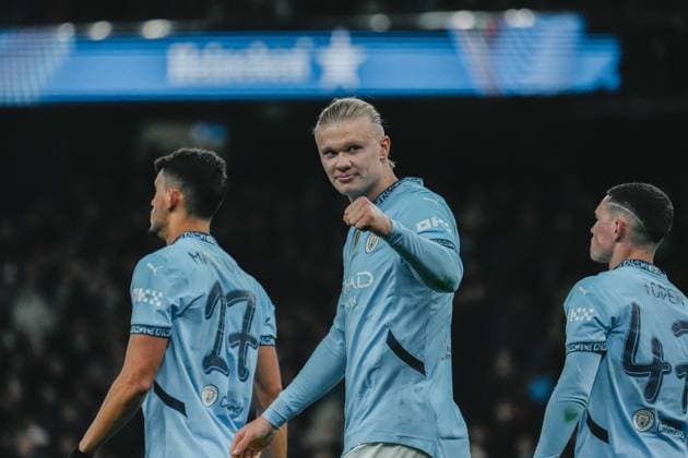 UEFA Champions League Matchday 5 - League Phase: Manchester City vs. Feyenoord Rotterdam Erling Haaland scores a penalty and celebrates during the UEFA Champions League Matchday 5 of the League Phase match between Manchester City and Feyenoord Rotterdam at Etihad Stadium, on November 26, 2024 in Manchester, United Kingdom. Manchester Etihad Stadium Manchester United, ManU Kingdom Copyright: xAlexandraxFechetex _ADR3728