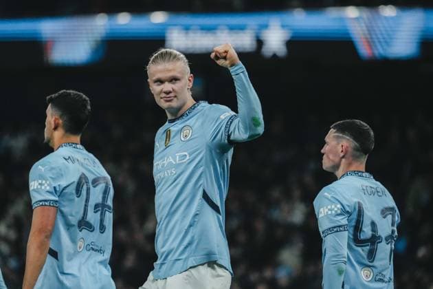 UEFA Champions League Matchday 5 - League Phase: Manchester City vs. Feyenoord Rotterdam Erling Haaland scores a penalty and celebrates during the UEFA Champions League Matchday 5 of the League Phase match between Manchester City and Feyenoord Rotterdam at Etihad Stadium, on November 26, 2024 in Manchester, United Kingdom. Manchester Etihad Stadium Manchester United, ManU Kingdom Copyright: xAlexandraxFechetex _ADR3736