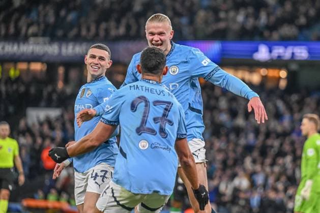 Erling Haaland Manchester City celebrates after scoring his team s third goal with teammates during the UEFA Champions League 2024 25 League Phase MD5 match between Manchester City and Feyenoord at Etihad Stadium on November 26, 2024 in Manchester, England Defodi 541 CITROT20241126 041 Defodi-541