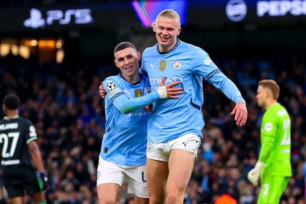 Manchester City FC v Feyenoord Erling Haaland of Manchester City celebrates his goal making it 3-0 during the Manchester City FC v Feyenoord UEFA Champions League Round 1 league stage match at the Etihad Stadium, Manchester, England, United Kingdom on 26 November 2024 Editorial use only. All images are copyright Every Second Media Limited. No images may be reproduced without prior permission. Copyright: xIMAGO EveryxSecondxMediax ESM-1226-0050