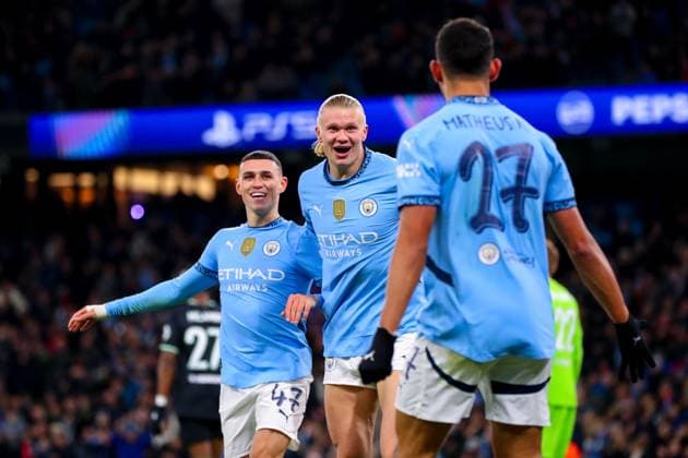 Manchester City FC v Feyenoord Erling Haaland of Manchester City celebrates his goal making it 3-0 during the Manchester City FC v Feyenoord UEFA Champions League Round 1 league stage match at the Etihad Stadium, Manchester, England, United Kingdom on 26 November 2024 Editorial use only. All images are copyright Every Second Media Limited. No images may be reproduced without prior permission. Copyright: xIMAGO EveryxSecondxMediax ESM-1226-0052