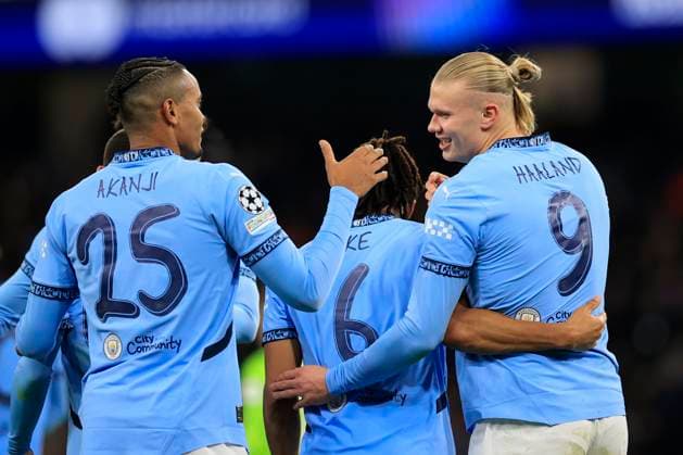 Manchester City v Feyenoord Champions League 26 11 2024. Erling Haaland (9) of Manchester City celebrates scoring to make it 3-0 during the Champions League match between Manchester City and Feyenoord at the Etihad Stadium, Manchester, England on 26 November 2024. Manchester Etihad Stadium Manchester England Editorial use only , Copyright: xConorxMolloyx PSI-20877-0062