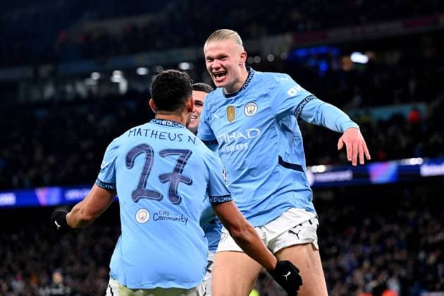 MANCHESTER - Erling Haaland of Manchester City FC celebrates 3-0 during the UEFA Champions league match between Manchester City FC and Feyenoord at Etihad Stadium on Nov. 26, 2024 in Manchester, England. ANP Hollandse Hoogte UEFA Champions League 2024 25 League Phase MD5 2024 25 xVIxANPxSportx xGerritxvanxKeulenxIVx 514349286 originalFilename: 514349286.jpg