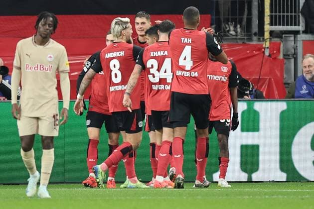GER, UEFA CL Bayer 04 Leverkusen GER vs RB Salzburg AUT 26 11 2024, BayArena, Leverkusen, Europalegue, Group stage, Matchday 3, GER, UEFA CL Bayer 04 Leverkusen GER vs RB Salzburg AUT , pictured 4 0 by Patrick Schick Leverkusen 14 , Goal jubilation jubilation jubilation, nordphotoxGmbHx xMeuter nph00351