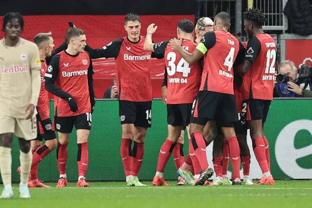 GER, UEFA CL Bayer 04 Leverkusen GER vs RB Salzburg AUT 26 11 2024, BayArena, Leverkusen, Europalegue, Group stage, Matchday 3, GER, UEFA CL Bayer 04 Leverkusen GER vs RB Salzburg AUT , pictured 4 0 by Patrick Schick Leverkusen 14 , Goal jubilation jubilation jubilation, nordphotoxGmbHx xMeuter nph00351