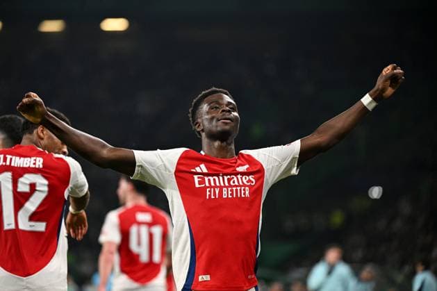 Bukayo Saka of Arsenal celebrates scoring a goal for their side to make it 4-0 Sporting Lisbon v Arsenal, UEFA Champions League, Group Stage, Football, Estadio Jose Alvalade, Lisbon, Portugal - 26 Nov 2024 EDITORIAL USE ONLY No use with unauthorised audio, video, data, fixture lists, club league logos or live services. Online in-match use limited to 120 images, no video emulation. No use in betting, games or single club league player publications. Copyright: xZedxJameson Shutterstockx 14940177ds
