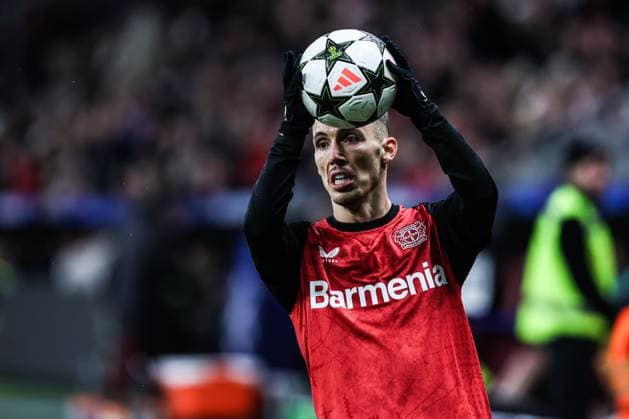 Sport, Football, UEFA Champions League Season 2024 2025 League Phase 5 Matchday Bayer 04 Leverkusen FC Salzburg 26 11 2024, BayArena Alejandro Grimaldo Bayer 04 Leverkusen, 20 Leverkusen BayArena North Rhine-Westphalia Germany