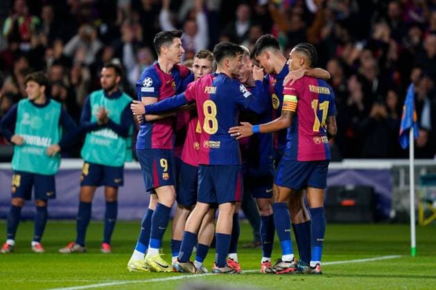 Dani Olmo of FC Barcelona, Barca celebrates the 2-0 FC Barcelona v Stade Brestois, UEFA Champions League match, date 5. Football, Lluis Companys Stadium, Barcelona, Spain - 26 Nov 2024 Editorial use only  Copyright: xBaguxBlanco Pressinphoto Shutterstockx 14945346au