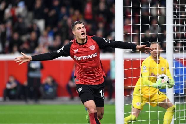 Patrik Schick Bayer 04 Leverkusen goal celebration, celebrates after his goal for 4 0 during the UEFA Champions League 2024 25 League Phase 5 match between Bayer 04 Leverkusen and FC Salzburg, BayArena on November 26, 2024 in Leverkusen, Germany Photo by Ralf Treese DeFodi Images Patrik Schick Bayer 04 Leverkusen goal celebration, cheers after his goal for 4 0 during the UEFA Champions League 2024 25 League Phase MD5 match between Bayer 04 Leverkusen and FC Salzburg at BayArena on November 26, 2024 in Leverkusen, Germany Defodi 521 LEVSAL20241126 030 Defodi-521