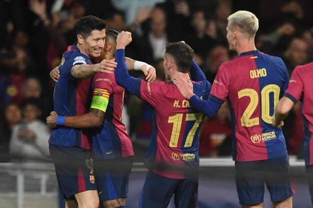 UEFA Champions League soccer match FC Barcelona, Barca vs Stade Brestois at Montjuic Olympic Stadium in Barcelona, Spain 26 November 2024 Lewandowski celebrates a goal 900 Cordon Press  900 CordonxPress LOF - UEFA Champions League FC Barcelona vs Stade Brestois