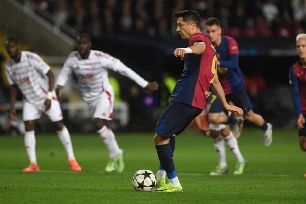 UEFA Champions League soccer match FC Barcelona, Barca vs Stade Brestois at Montjuic Olympic Stadium in Barcelona, Spain 26 November 2024 Lewandowski scores a penalty 900 Cordon Press  900 CordonxPress LOF - UEFA Champions League FC Barcelona vs Stade Brestois