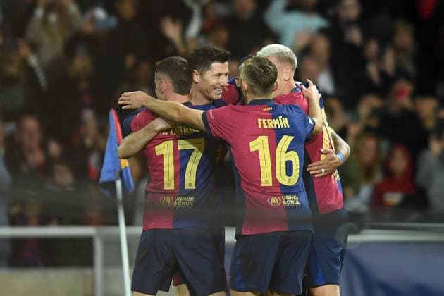 FC Barcelona, Barca v STADE BRESTOIS OLIMPIC STADIUM LLUIS COMPANYS. MONTJUIC,BARCELONA. NOVEMBER 26,2024 FC BARCELONA vs Stade Brestois November 26,2024 Robert Lewandowski (9) of FC Barcelona celebrates scoring his team s first goal with teammates during the UEFA Champions League 2024 25 League Phase match between FC Barcelona and Stade Brestois at Olimpic Stadium Lluis Companys of MontjuÃ¯c in Barcelona, Spain. Barcelona ESP Copyright: xS.xRosx