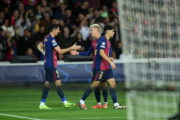 FC Barcelona, Barca v STADE BRESTOIS OLIMPIC STADIUM LLUIS COMPANYS. MONTJUIC,BARCELONA. NOVEMBER 26,2024 FC BARCELONA vs Stade Brestois November 26,2024 Robert Lewandowski (9) of FC Barcelona celebrates scoring his team s first goal with Dani Olmo (20) of FC Barcelona during the UEFA Champions League 2024 25 League Phase match between FC Barcelona and Stade Brestois at Olimpic Stadium Lluis Companys of MontjuÃ¯c in Barcelona, Spain. Barcelona ESP Copyright: xS.xRosx
