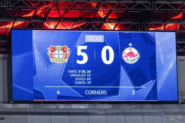 UEFA Champions League Bayer 04 Leverkusen FC Salzburg 26 11 2024 Score, 5 0 after 72 minutes Screen on stadium UEFA Champions League Bayer 04 Leverkusen FC Salzburg BayArena, Leverkusen 26 11 2024 Copyright: xBEAUTIFULxSPORTS Buriakovx