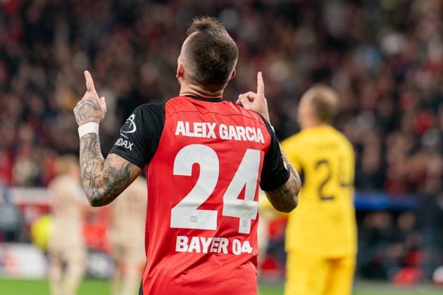 2024-11-26 Bayer 04 Leverkusen v FC Salzburg - UEFA Champions League 2024 25 League Phase MD5 LEVERKUSEN, GERMANY - NOVEMBER 26: Aleix Garcia of Bayer 04 Leverkusen celebrates after scoring the team s fifth goal during the UEFA Champions League 2024 25 League Phase MD5 match between Bayer 04 Leverkusen and FC Salzburg at BayArena on November 26, 2024 in Leverkusen, Germany. (Photo by Joris Verwijst BSR Agency) Leverkusen Germany Content not available for redistribution in The Netherlands directly or indirectly through any third parties. Copyright: xBSRxAgencyx