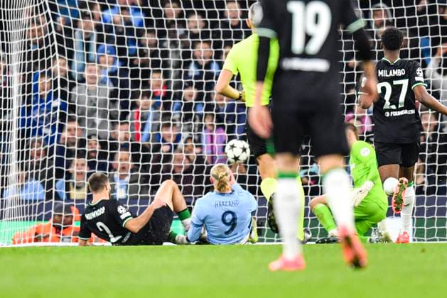 26th November 2024; Etihad Stadium, Manchester, England; UEFA Champions League Football, Manchester City versus Feyenoord; Erling Haaland of Manchester City slides in to score in the 53rd minute for 3-0  ActionPlus12720443 GodfreyxPitt