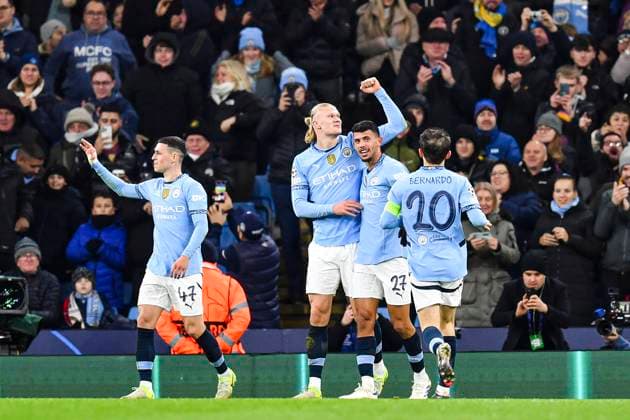 26th November 2024; Etihad Stadium, Manchester, England; UEFA Champions League Football, Manchester City versus Feyenoord; Erling Haaland of Manchester City celebrates with his team after scoring in the 53rd minute for 3-0  ActionPlus12720446 GodfreyxPitt