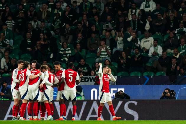241126 Players of Arsenal celebrates during the Champions League football match between Sporting Lisbon and Arsenal on November 26, 2024 in Lisbon Photo Gualter Fatia BILDBYRAN kod XY XY0033 fotboll football soccer fotball uefa champions league champions league sporting lisbon Sporting CP Sporting Lissabon arsenal bbeng jubel  Copyright: GualterxFatia BB241126ZX017
