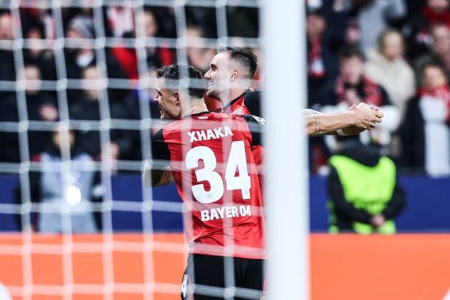 Sport, Football, UEFA Champions League Season 2024 2025 League Phase 5 Matchday Bayer 04 Leverkusen FC Salzburg 26 11 2024, BayArena Granit Xhaka Bayer 04 Leverkusen, 34 Aleix Garcia Bayer 04 Leverkusen, 24 celebrates after scoring the goal to make it 5 0 Leverkusen BayArena Nordrhein Westfahlen Germany