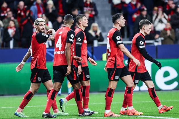 Sport, Football, UEFA Champions League Season 2024 2025 League Phase 5 Matchday Bayer 04 Leverkusen FC Salzburg 26 11 2024, BayArena Goal celebration Bayer 04 Leverkusen after the goal to 5 0 by Aleix Garcia Bayer 04 Leverkusen, 24 the players are happy Leverkusen BayArena Nordrhein Westfahlen Germany