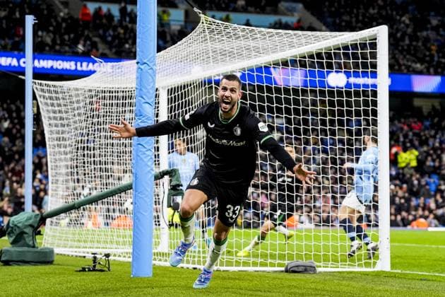 UEFA Champions League: Manchester City F.C. v Feyenoord Manchester - David Hancko of Feyenoord during the fifth round of new format of the UEFA Champions League 2024 2025. The match is set between Manchester City and Feyenoord at Etihad Stadium on 26 November 2024 in Manchester, England. Copyright: xTomxBodex