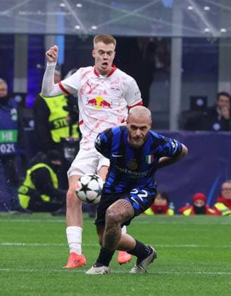 November 27, 2024, Milano, Milano, ITALIA: During the Champions League match 26 11 2024 Football match between FC International Milan vs LB Lipsia at the San Siro stadium Milan.In the photo: Arthur Vermeren of RB Lipsia - Federico Di Marco of internazionale Milano FC Milano ITALIA - ZUMAs236 20241127_aap_s236_029 Copyright: xFabioxSassox