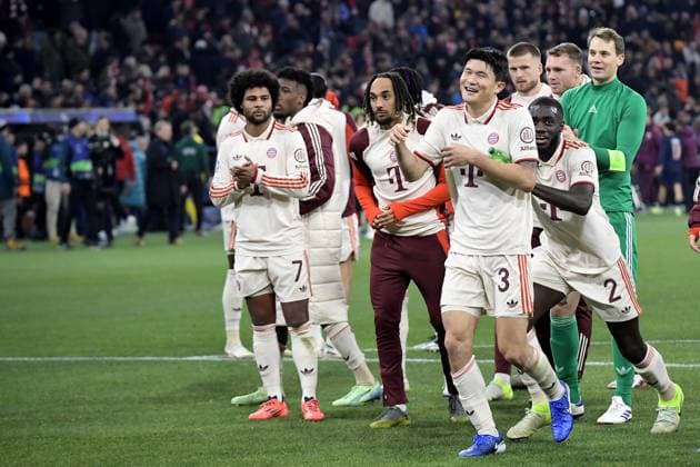 26 11 2024, xemx, Football UEFA Champions League, FC Bayern Muenchen Paris St Germain emspor, v l jubilation, joy of victory at Bayern Muenchen Munich Min jae Kim FC Bayern Muenchen Dayot Upamecano FC Bayern Muenchen Manuel Neuer FC Bayern Muenchen DFL DFB REGULATIONS PROHIBIT ANY USE OF PHOTOGRAPHS as IMAGE SEQUENCES and or QUASI VIDEO Muenchen