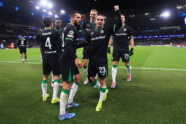 Fußball UEFA-Champions-League-Phase Manchester City gegen Feyenoord 26. November 2024 UEFA-Champions-League-Phase Manchester City gegen Feyenoord Anis Hadj Moussa von Feyenoord feiert das 3  Copyright: xSimonxStacpoolexOffside