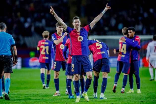 Sport Bilder des Tages FC Barcelona, Barca vs Brest - UEFA Champions League - 26 11 2024 Robert Lewandowski of FC Barcelona celebrates his goal during the UEFA Champions League match between FC Barcelona vs Brest at Estadi Olimpic Lluis Companys on November 26, 2024 in Barcelona, Spain. Barcelona Spain Copyright: xPGSxPhotoxAgencyx