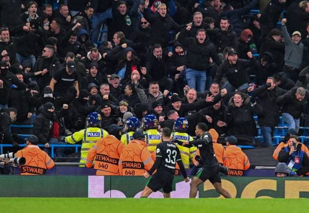 Manchester City v Feyenoord Rotterdam UEFA Champions League David Hancko of Feyenoord Rotterdam celebrates after scoring the third goal during the UEFA Champions League match at the Etihad Stadium, Manchester UK Newspapers OUT Copyright: xKarlxVallantinex FIL-20996-0059