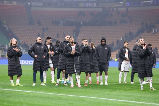 Players of RB Leipzig looks dejected, UEFA Champions League 2024 25 League Phase MD2, FC Internazionale Milano v RB Leipzig, Stadio Giuseppe Meazza (San Siro), November 26, 2024, Milan, Italy.