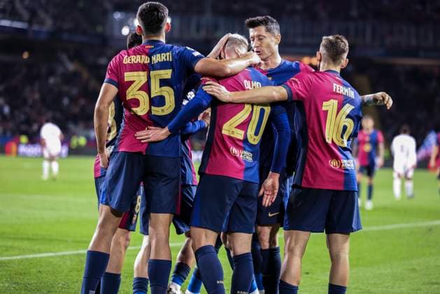 November 26, 2024, Barcelona, Barcelona, SPAIN: Dani Olmo of FC Barcelona, Barca celebrates a goal with his teammates during the UEFA Champions League 2024 25 League Phase MD5, match between FC Barcelona and Stade Brestois 29 at Estadi Olimpic Lluis Companys on November 26, 2024 in Barcelona, Spain. Barcelona SPAIN - ZUMAa181 20241126_zaa_a181_058 Copyright: xJavierxBorregox