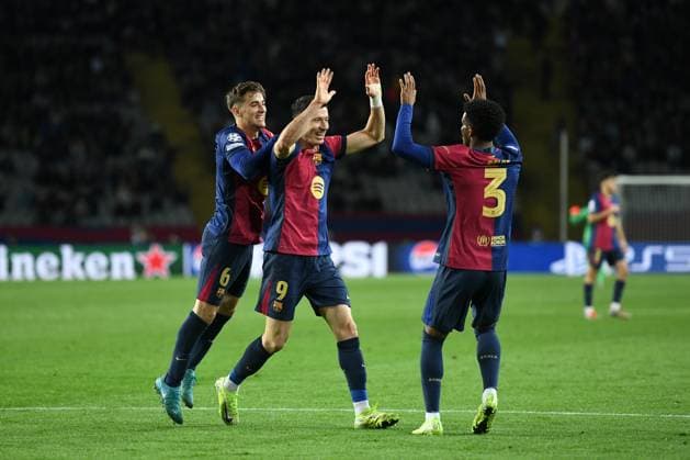 FC Barcelona, Barca v STADE BRESTOIS OLIMPIC STADIUM LLUIS COMPANYS. MONTJUIC,BARCELONA. NOVEMBER 26,2024 FC BARCELONA vs Stade Brestois November 26,2024 Robert Lewandowski (9) of FC Barcelona celebrates scoring his team s third goal with Gavi (6) of FC Barcelona and Alejandro Balde (3) of FC Barcelona during the UEFA Champions League 2024 25 League Phase match between FC Barcelona and Stade Brestois at Olimpic Stadium Lluis Companys of MontjuÃ¯c in Barcelona, Spain. Barcelona ESP Copyright: xS.xRosx