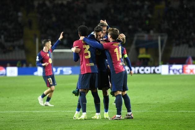 FC Barcelona, Barca v STADE BRESTOIS OLIMPIC STADIUM LLUIS COMPANYS. MONTJUIC,BARCELONA. NOVEMBER 26,2024 FC BARCELONA vs Stade Brestois November 26,2024 Robert Lewandowski (9) of FC Barcelona celebrates scoring his team s third goal with Gavi (6) of FC Barcelona and Alejandro Balde (3) of FC Barcelona and Pablo Torre (14) of FC Barcelona during the UEFA Champions League 2024 25 League Phase match between FC Barcelona and Stade Brestois at Olimpic Stadium Lluis Companys of MontjuÃ¯c in Barcelona, Spain. Barcelona ESP Copyright: xS.xRosx