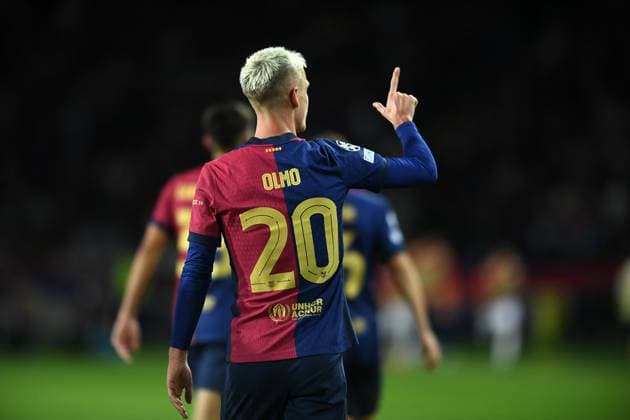 FC Barcelona, Barca v STADE BRESTOIS OLIMPIC STADIUM LLUIS COMPANYS. MONTJUIC,BARCELONA. NOVEMBER 26,2024 FC BARCELONA vs Stade Brestois November 26,2024 Dani Olmo (20) of FC Barcelona celebrates scoring his team s second goal during the UEFA Champions League 2024 25 League Phase match between FC Barcelona and Stade Brestois at Olimpic Stadium Lluis Companys of MontjuÃ¯c in Barcelona, Spain. Barcelona ESP Copyright: xS.xRosx