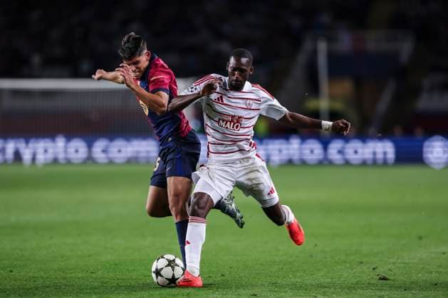 November 26, 2024, Barcelona, Barcelona, SPAIN: Gerard Martin of FC Barcelona, Barca and Mama Balde of Brest in action during the UEFA Champions League 2024 25 League Phase MD5, match between FC Barcelona and Stade Brestois 29 at Estadi Olimpic Lluis Companys on November 26, 2024 in Barcelona, Spain. Barcelona SPAIN - ZUMAa181 20241126_zaa_a181_060 Copyright: xJavierxBorregox